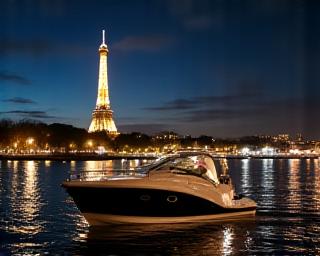 The Eiffel Tower illuminated at night viewed from the river